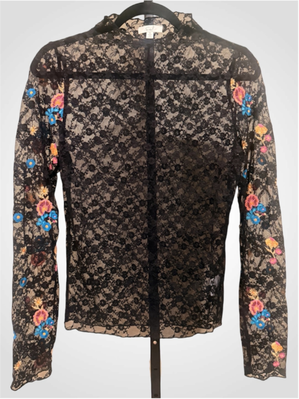 Women's Easel Black Floral Embroidered Lace Long Sleeve Blouse Size S